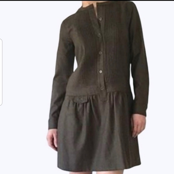 J. Crew Factory Heathered Elm Green Wool Dropwaist Tuxedo Pleat Dress Size 0 - Picture 1 of 7